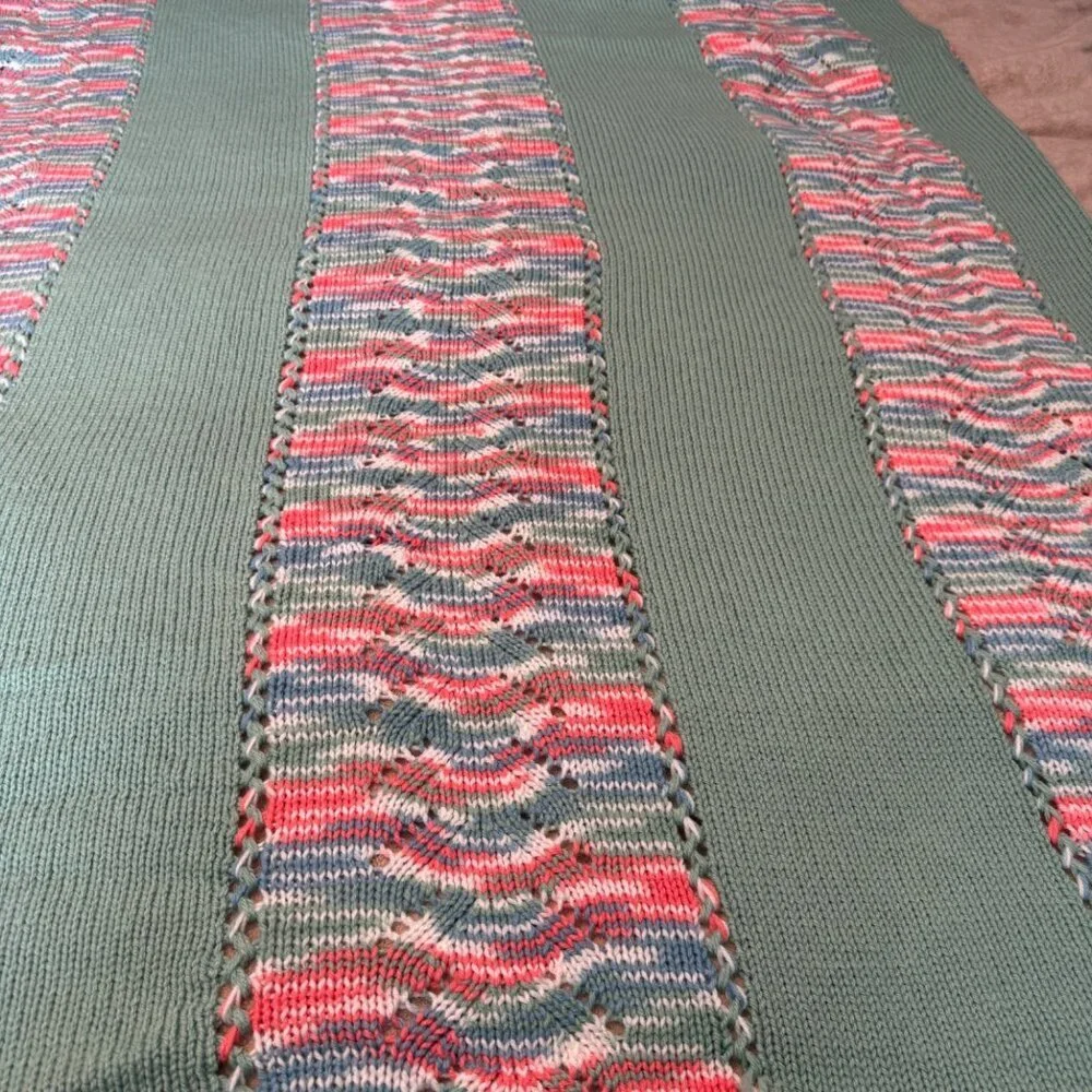 Vintage Large Crocheted Afghan Pink Mint and White with Blue Accents Lap Warmer